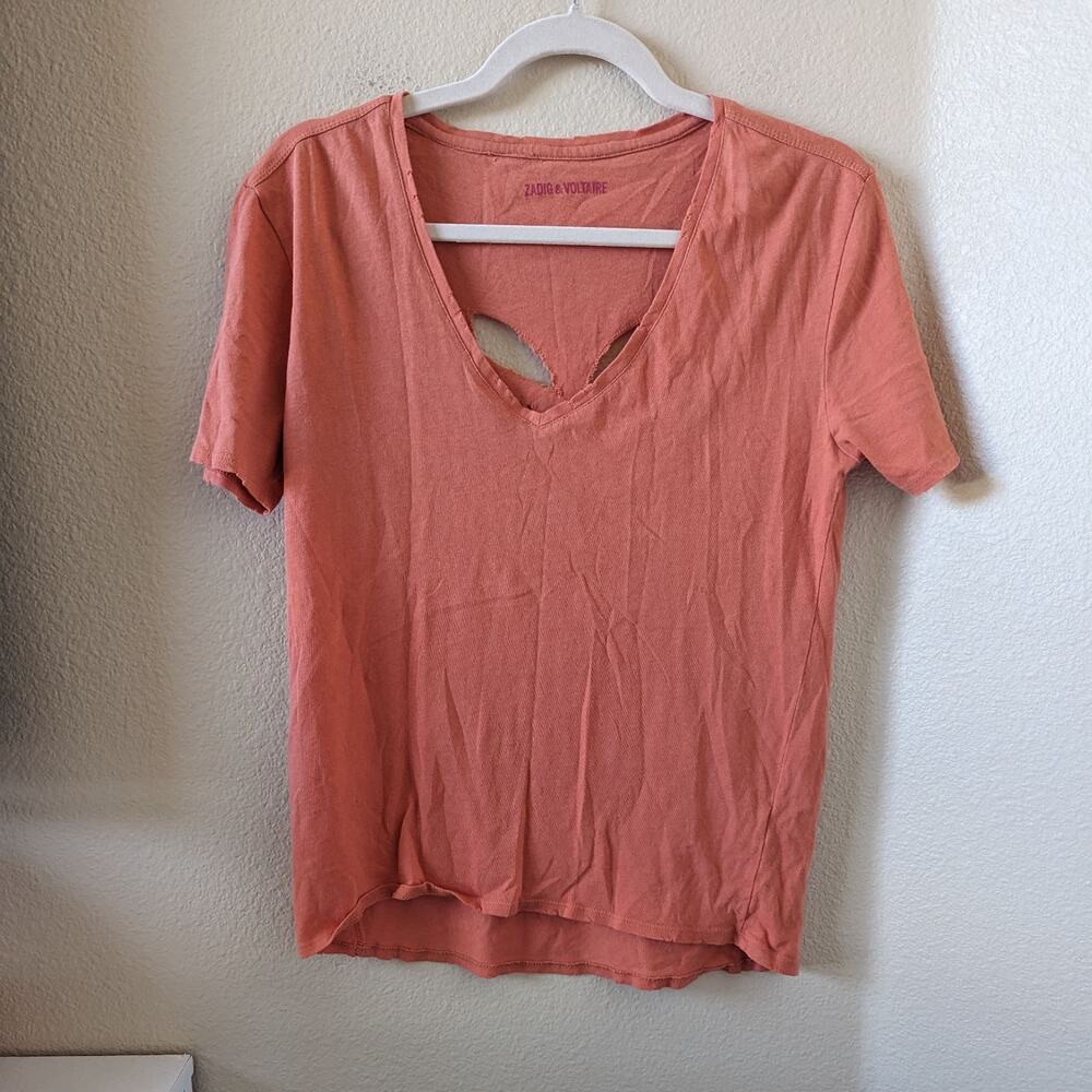 Zadig & Voltaire Wassa Butterfly Cut Out V-Neck Short Sleeve Tee Shirt S Small